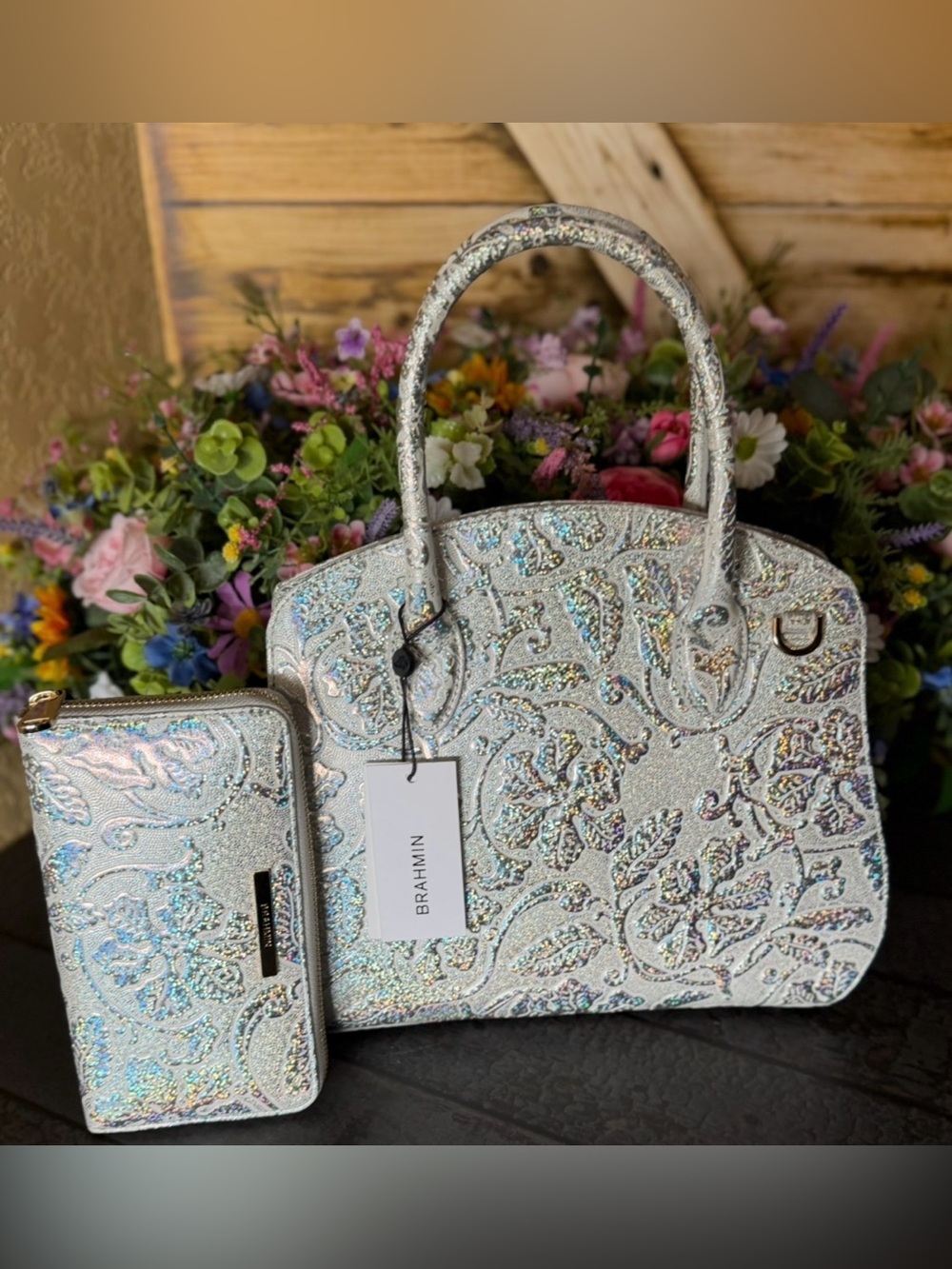Brahmin Rosetta Chrome Estonia with SURI Wallet SET NWT ONE OF a KIND REFLECTIVE - Picture 8 of 16